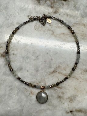 LOFT Gray Stone Pendant Beaded Necklace with Gold Accents